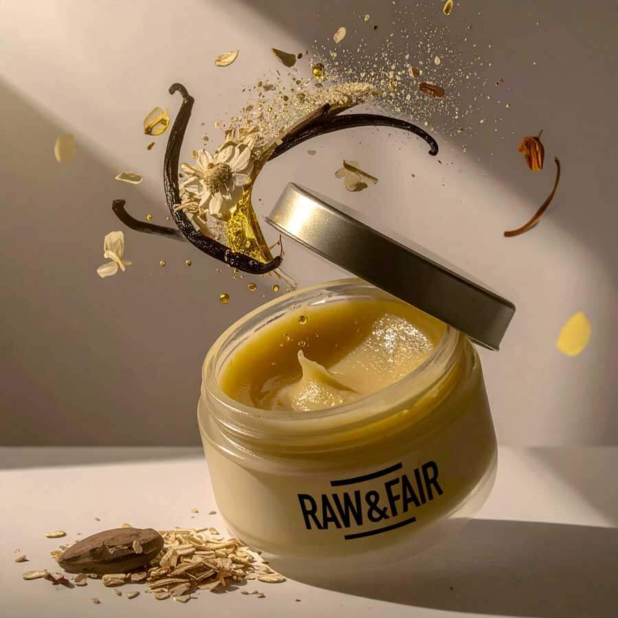 Essential Body Butter – Natuurlijke body butter met luxe ingrediënten in een glazen pot met deksel.