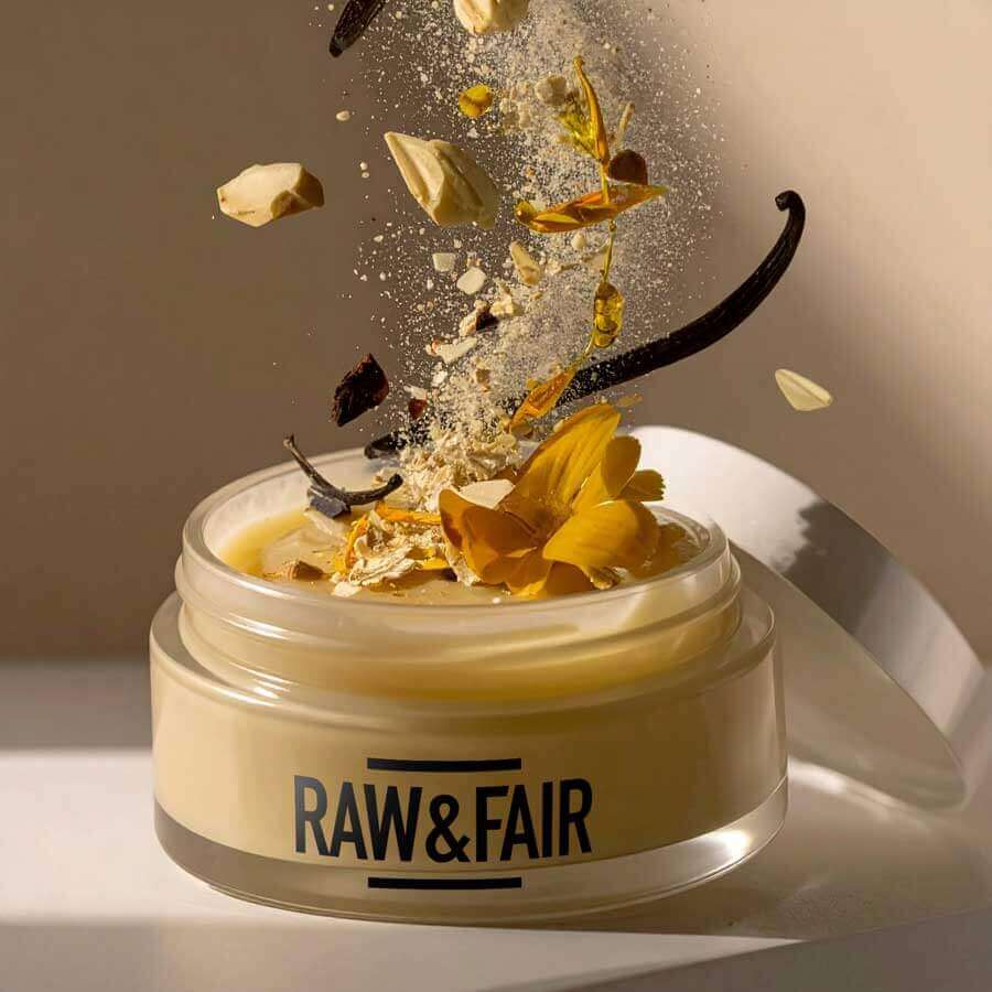 Pure Glow Butter by Raw&Fair with anti-age properties, featuring floral and vanilla extracts for nourishing skin.