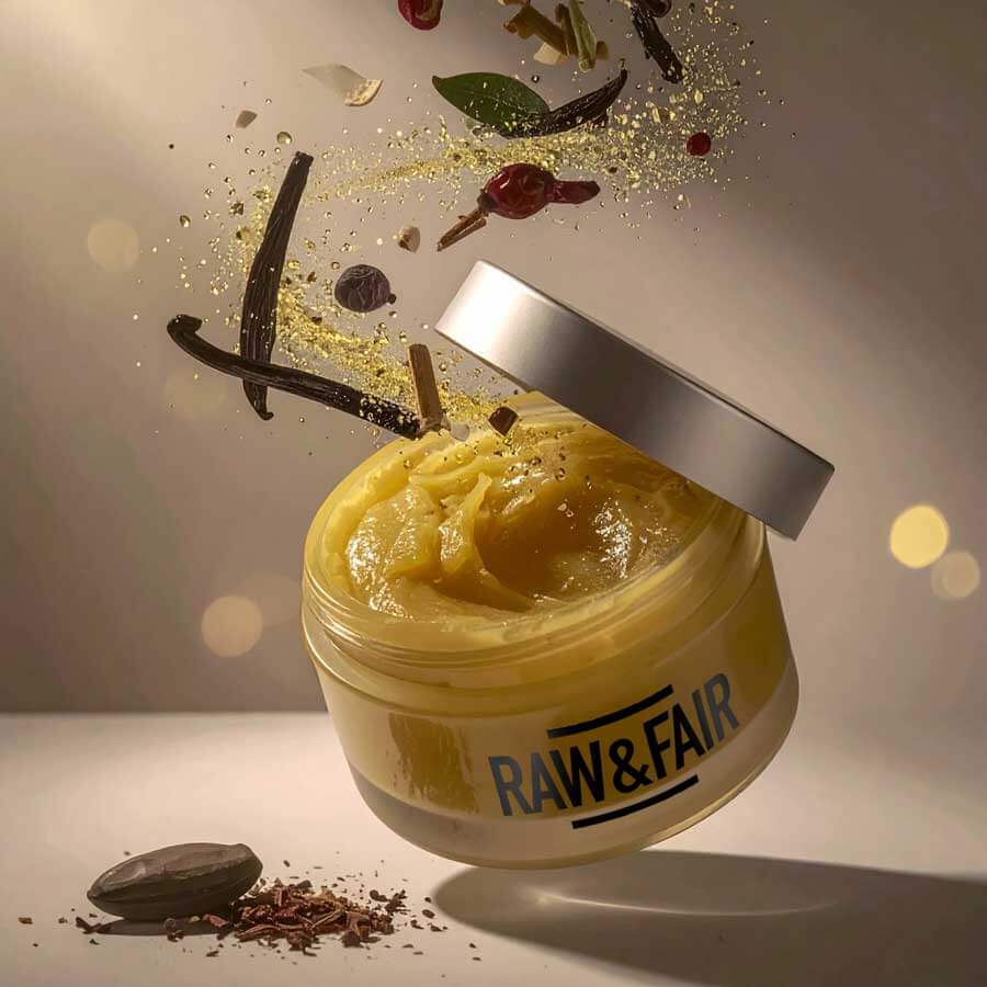 Pure Glow Butter – Raw&Fair Originals in an open jar with natural ingredients floating above, promoting anti-age skin care.